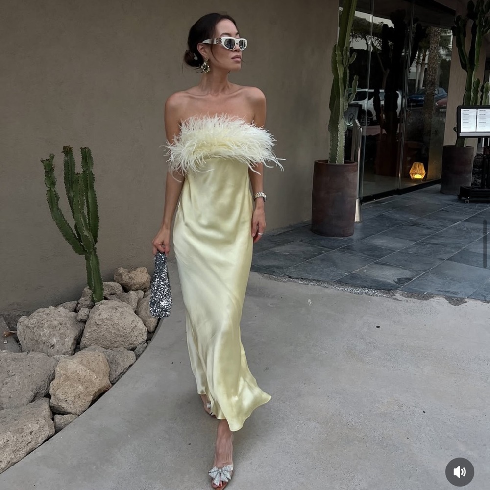 Zara FEATHERED SATIN MIDI DRESS
